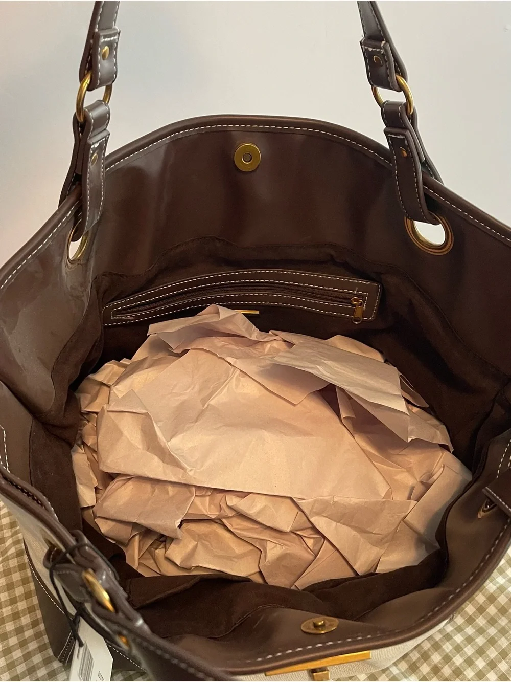 NWT Steve Madden Beige Canvas Tote with Chocolate Brown Trim and Gold Hardware